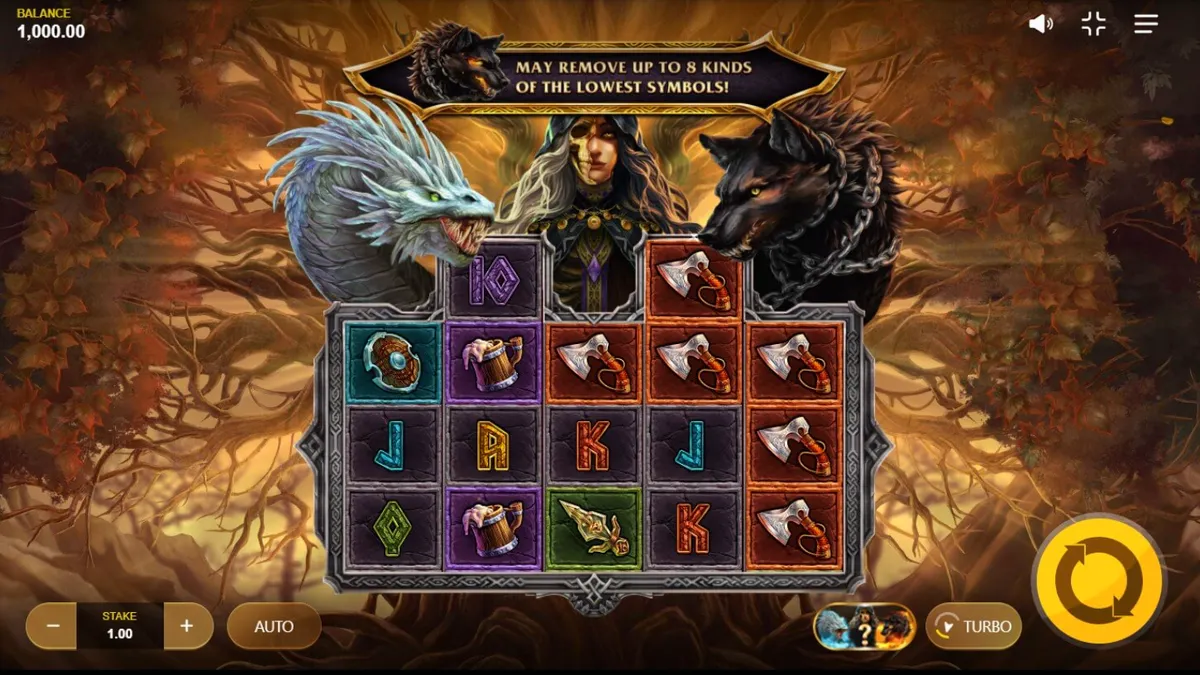 Tampilan visual slot Loki’s Descendants dengan tema Norse yang gelap dan mistis