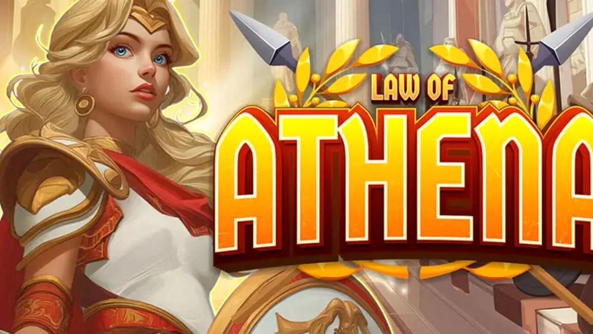 Tampilan visual slot Law of Athena dengan latar belakang kuil Yunani kuno