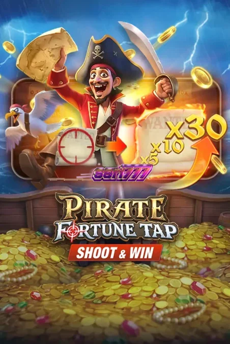 Tampilan antarmuka permainan Pirate Fortune Tap dengan meriam dan target bajak laut